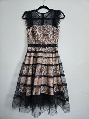Black Lace Nude Illusion Fit & Flare Dress Ruffle Sleeve Party